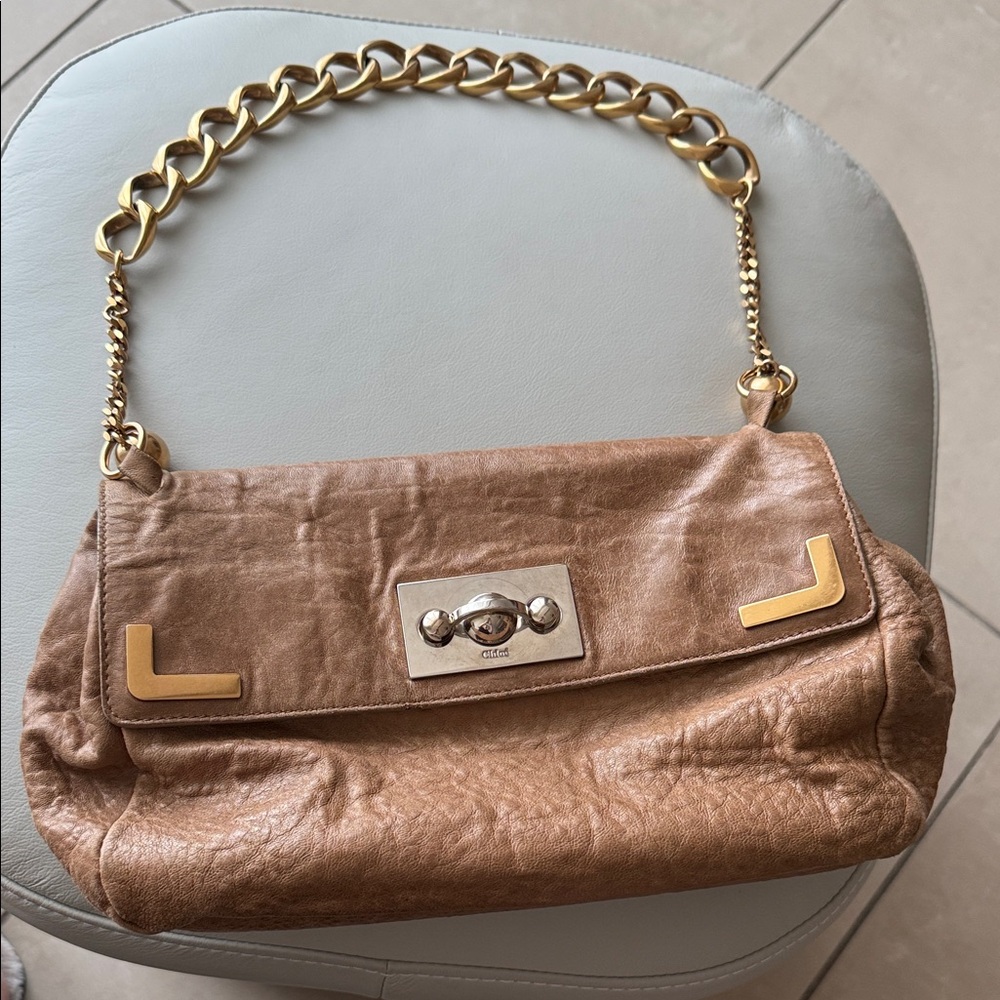 Chloe Tan Leather Shoulder Bag with Gold Chain